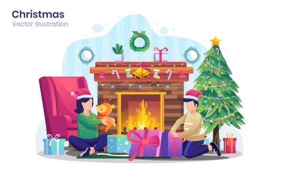 Kids Open Christmas Gift Illustration: A Versatile Design for Holiday Projects