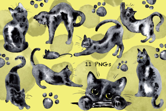 Watercolor Cute Black Cats Clip Art for Creative Workflows