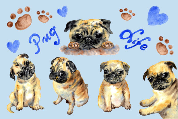 Watercolor Cute Pug Puppies Clip Art