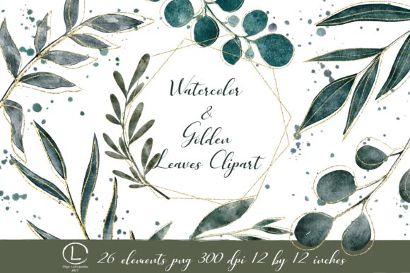 Watercolor Greenery and Gold Clipart Png